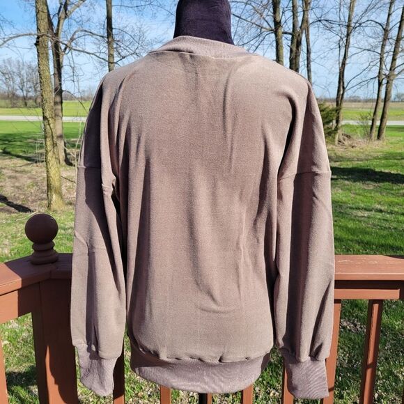 Women's Brown Round Neck Long Sleeve Dropped Shoulder Pullover Sweatshirt, Med - Picture 7 of 12